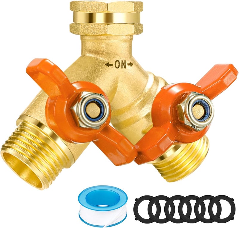 Qvamodo Full Flow Hose Splitter, Hose Splitters 2 Way Heavy Duty Brass Faucet Splitter with Shutoff, All Metal Hose Y Spigot Splitter 2 Way, Outdoor Faucet Water Hose Splitter, Y Valve Tap for Outdoor Faucet - Image 1
